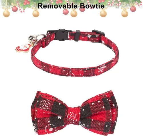 Miniatura 4 de ADOGGYGO Collar Navideño para Gato de Liberación Rápida con Pajarita y Campanilla - Paquete de 2 Collares Navideños a Cuadros Rojos y Verdes