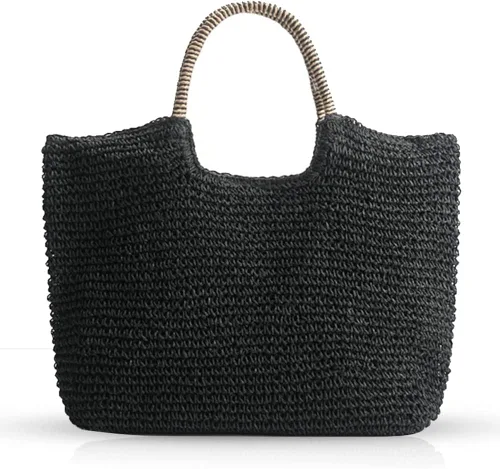 QTKJ Bolso de hombro de paja grande suave tejida a mano bolso de playa negro bohemio con asa de paja retro de verano bolso de ratán negro Negro 118x
