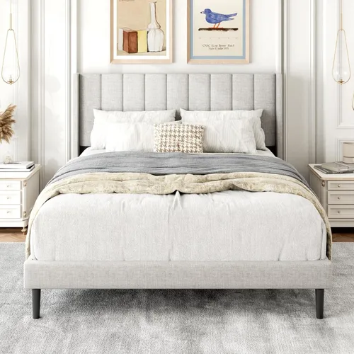 Miniatura 31 de Gruwans Estructuras de Cama Individual con Cabecera Wingback, Camas de Plataforma Tapizadas, No Necesita Somier, Soporte Resistente de Listones