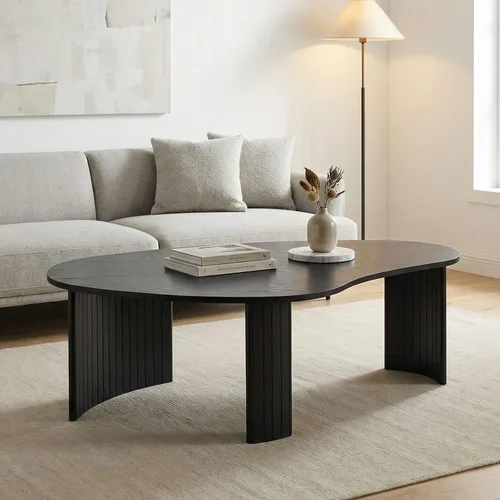 Miniatura 3 de Hyfirm - Mesa de café moderna de madera negra de 47.25 pulgadas para la sala de estar, mesa central resistente con tapa irregular de mango y patas