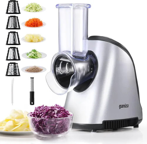 Ganiza Rallador eléctrico 5 en 1 para cocina, triturador de queso máximo de 250 W, 5 cuchillas intercambiables, cortador eléctrico para