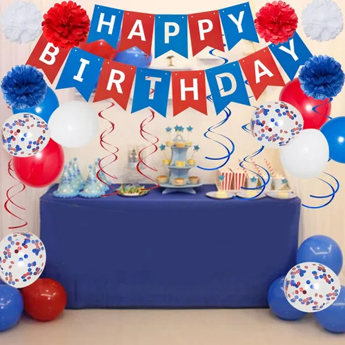 Miniatura 3 de Decoraciones de cumpleaños azules, blancas y rojas, kit de suministros de fiesta patriótica para hombres, mujeres y niños, pancarta de feliz