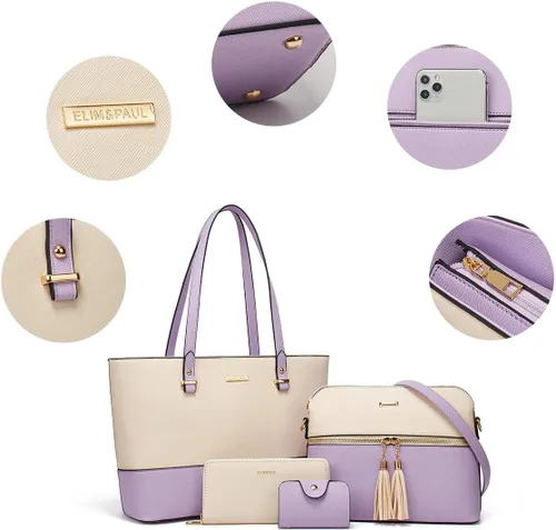 Miniatura 117 de Juego de 4 bolsas modernos para mujer de cuero sintético: bolso tote, bolso de hombro, bolso de mano y cartera.