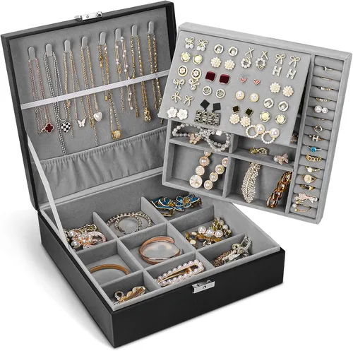 Joyero joyero para mujeres y hombres con piel sintética organizador de joyas grande de 2 capas con cerradura para collares pulseras aretes anillos