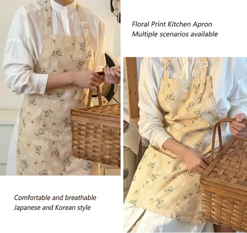 Miniatura 2 de Delantales para mujer con bolsillos, delantal de cocina de lino japonés, ajustable, ligero, transpirable, tela en relieve, para cocinar, hornear