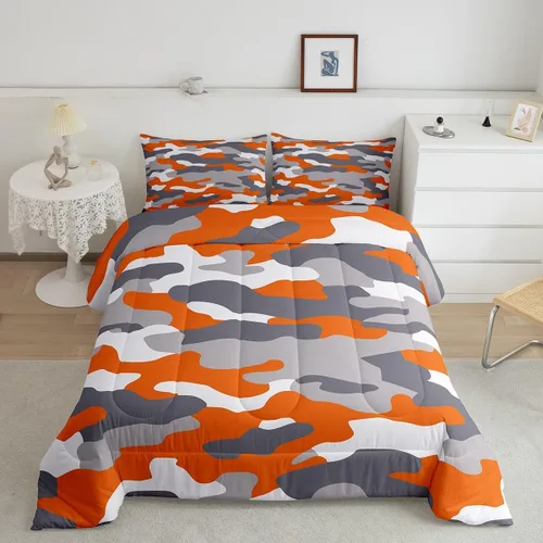 Miniatura 14 de Feelyou Juego de edredón de camuflaje naranja para niños, tamaño individual, juego de ropa de cama de camuflaje estilo militar para niños y niñas