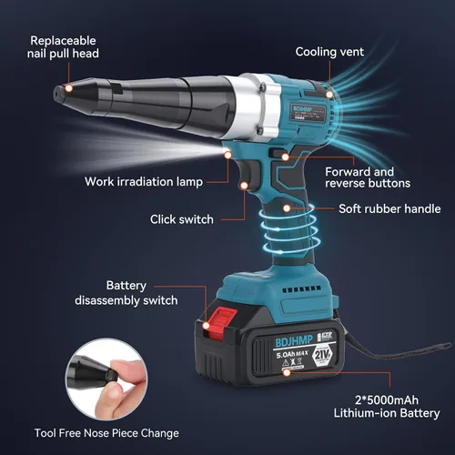 Miniatura 7 de Pistola remachadora inalámbrica sin escobillas, kit de remachador eléctrico portátil automático de 2248lbf para remaches de 1/8" 5/32" 3/16" con 2
