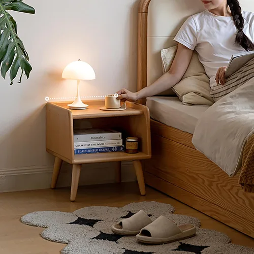 Miniatura 5 de Mesita de noche pequeña, mesa de noche 100% madera de roble macizo, mesita de noche moderna de mediados de siglo con almacenamiento abierto, armario