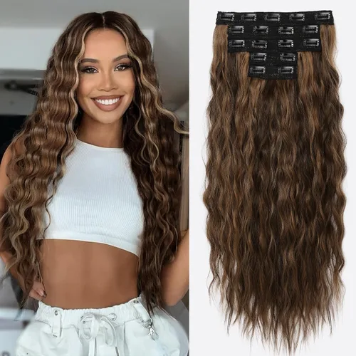 Miniatura 21 de REECHO Extensiones de cabello con clip, 5 piezas, de 24 pulgadas, de color rubio ceniza, extensiones de cabello con ondas largas y sueltas, HE002