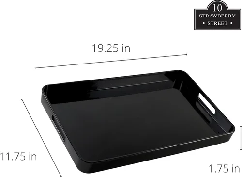 Miniatura 3 de 10 Strawberry Street Bandeja rectangular de laca de 19.25 x 11.75 pulgadas con asas, color negro