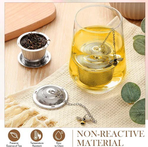 Miniatura 4 de FoldTier 3 juegos de infusores de té sueltos, coladores de hojas de acero inoxidable con bandejas de goteo y colgante de abeja de miel, malla fina
