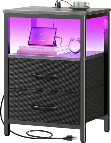 Miniatura 11 de Huuger - Mesita de noche con estación de carga y luces LED, mesita de noche con 2 cajones, mesa auxiliar de cama con estante abierto, mesa auxiliar