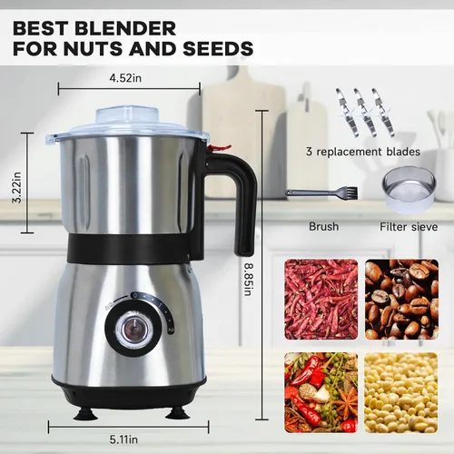 Miniatura 3 de Molinillos eléctricos para especias y nueces, 3 cuchillas de acero inoxidable, 1 filtro, 1 cepillo, molinillo de 500 W para uso en seco de cocina