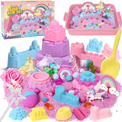G.C Caja sensorial de unicornio para niña, juego de arte con arena de 108 piezas con caja de arena, 2 libras de arena de colores, 6 moldes de