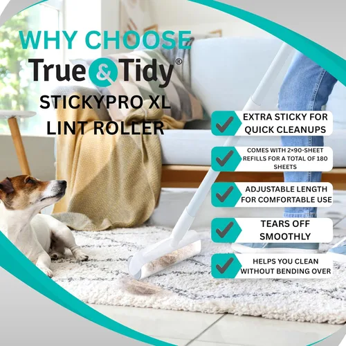 Miniatura 7 de True & Tidy StickyPro - Juego de rodillos de pelusa XL con 2 repuestos de rodillos para pelusas, resistente, duradero, mango ajustable, funciona muy