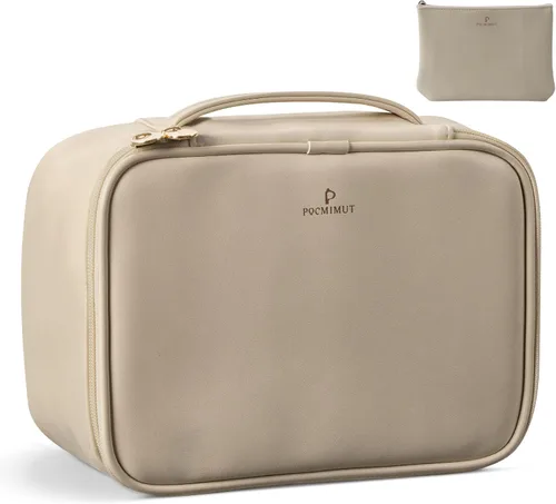 Pocmimut Bolsa de maquillaje, bolsa de cosméticos grande 2 en 1 con soporte para cepillos, bolsa de aseo de viaje y organizador de tocador para