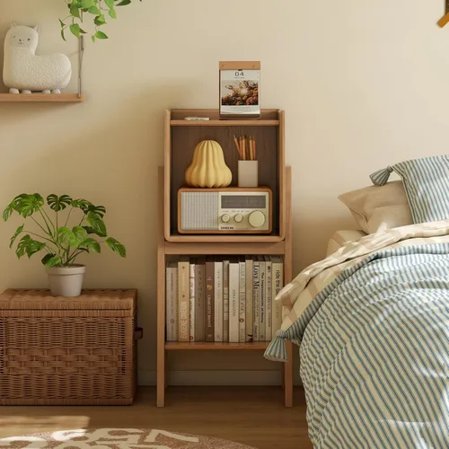 Miniatura 15 de Estante de Escalera 100% Roble Macizo con Gabinete, Mesita de Noche de 32.67" de Alto con Marco Estable para Dormitorio, Pequeña Estantería