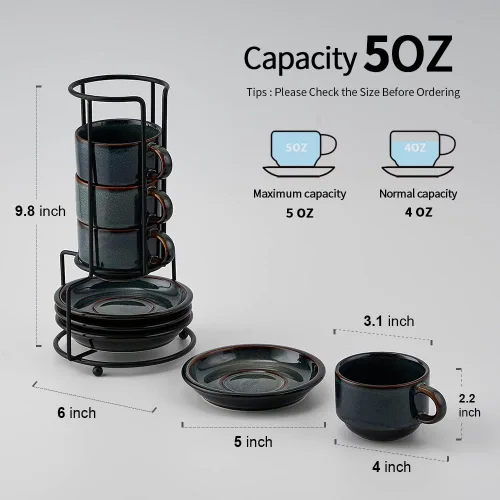 Miniatura 5 de JIEMEI HOME - Tazas apilables de porcelana para espresso con platillos y soporte de metal, tazas Demitasse de 4 onzas para bebidas de café