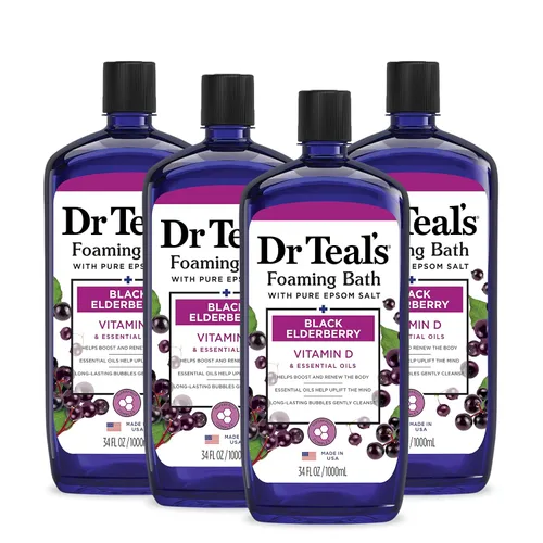 Dr Teal's Baño espumoso con sal pura de Epsom, saúco negro con vitamina D, 34 onzas líquidas (paquete de 4)