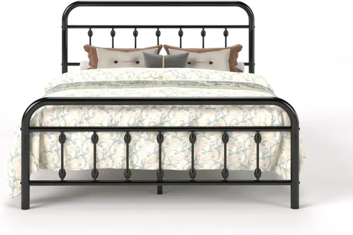 Miniatura 9 de SHA CERLIN Base de cama de plataforma de metal de tamaño matrimonial con cabecera y estribo de estilo victoriano, fácil montaje, almacenamiento Negro