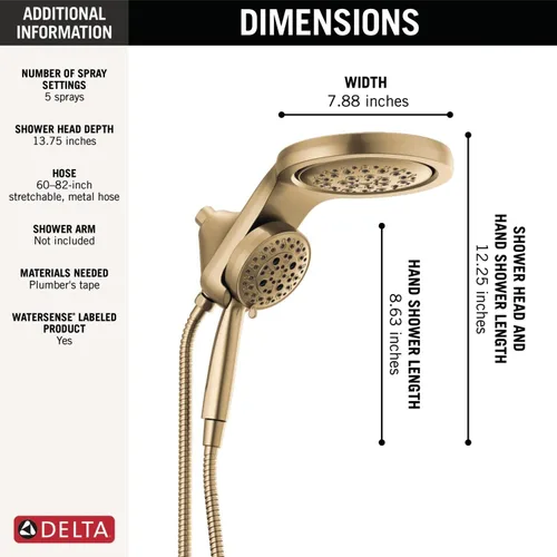 Miniatura 4 de Delta Faucet HydroRain 58680-CZ-PR Cabezal de ducha tipo lluvia H2Okinetic dual de 5 ajustes con rociador de mano, cabezal dorado con manguera