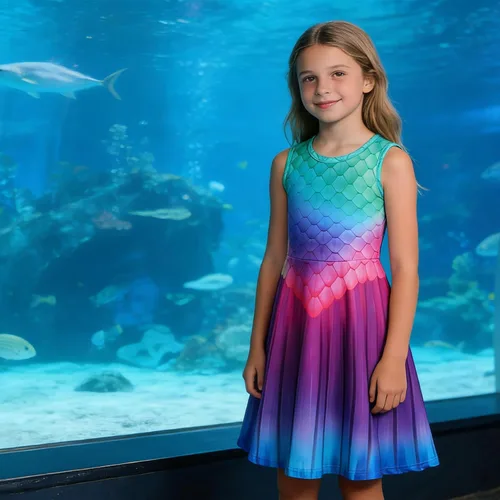 Miniatura 4 de Funnycokid Vestido de Sirena para Niñas, Sin Mangas, de Verano, para Cumpleaños, de Fiesta con Volantes, Ropa de 4 a 13 Años