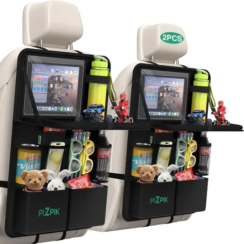 Miniatura 11 de Organizador de asiento trasero de automóvil Plzpik con soporte para tableta, 11 bolsillos de almacenamiento con bandeja plegable para alimentos