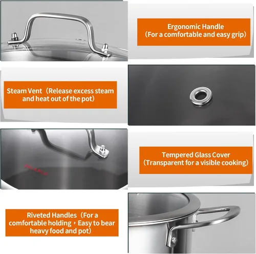 Miniatura 5 de DELARLO Olla de Acero Inoxidable Tri-Capa de 8 Cuartos, Resistente, Compatible con Todas las Estufas, Olla para Sopa de hasta 600℉ con Tapa, Olla