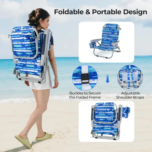 Miniatura 4 de Giantex Silla de playa tipo mochila, silla de camping plegable con 5 posiciones ajustables, soporte para tazas, bolsillos de almacenamiento
