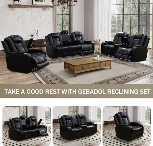 Miniatura 6 de Sofá reclinable eléctrico, sillón reclinable de cuero con LED/almacenamiento, sillón reclinable de cine en casa de 3 plazas, sofá de cuero negro
