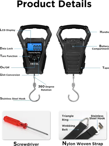 Miniatura 3 de HEETA Báscula de pescado digital impermeable con pantalla LCD retroiluminada, 110 libras / 110.2 lbs, báscula portátil para colgar para el hogar