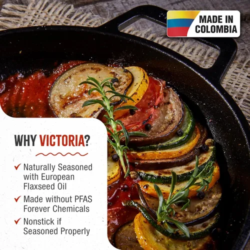 Miniatura 2 de Victoria - Sartén redonda de hierro fundido con asas de doble bucle, fabricada en Colombia, 10 pulgadas