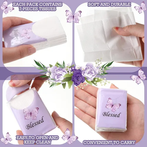 Miniatura 3 de Harloon 100 paquetes de pañuelos faciales cristianos de mariposa púrpura en tamaño de billetera de bolsillo, pañuelos de viaje de 3 capas