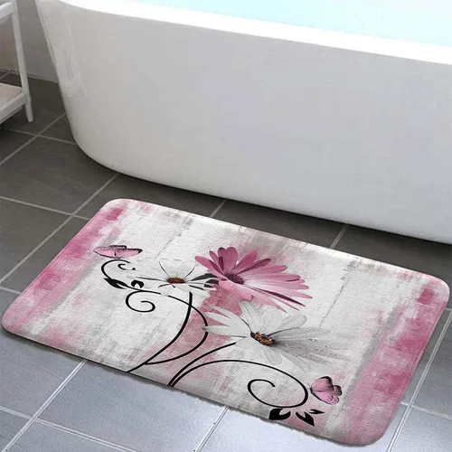 Miniatura 19 de Alfombra de Baño Rústica de Granja, Alfombra de Baño de Madera de Campo con Flores de Margaritas Moradas, Mariposas y Estilo Campestre, Alfombra