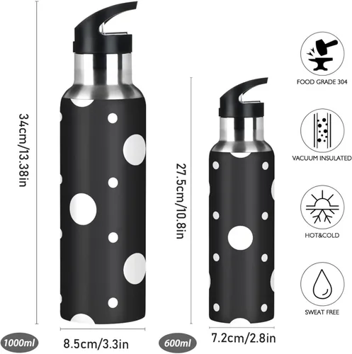Miniatura 2 de White Polka Dots Black Insulated Water Bottle 20 Oz Leakproof Water Bottles, BPA-Free Sports Water Bottle with Straw
