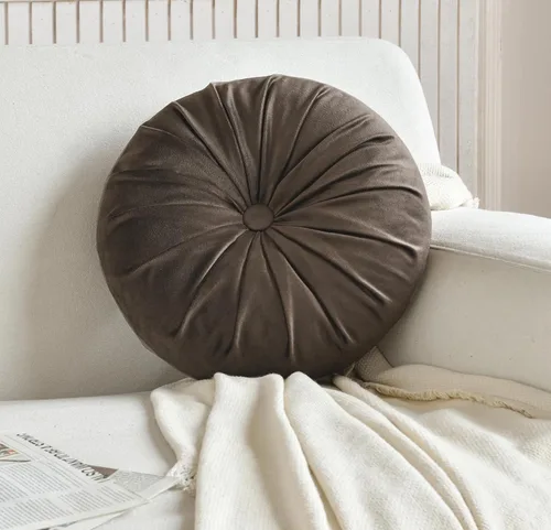 Almohadas plisadas redondas de terciopelo para decoración del hogar, sofá, silla, cama y automóvil, color café oscuro, 13.8 pulgadas