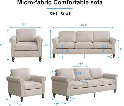 Miniatura 2 de PUREMIND Juego de sofá de 2 piezas para muebles de sala de estar, juego de sofá y silla de oficina moderno de lino con patas de madera maciza, sofá