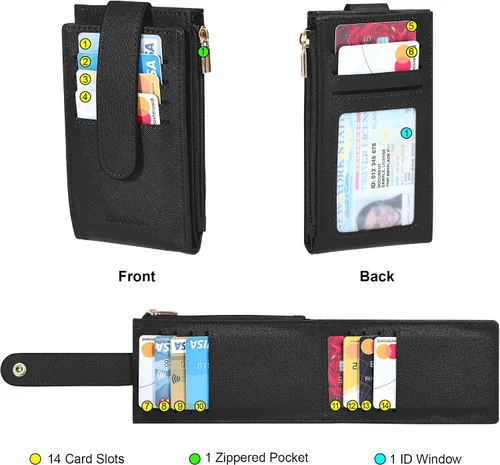Miniatura 3 de Chelmon Billetera delgada para mujer, con bloqueo RFID, plegable, con bolsillo con cremallera, Negro -, Minimalista