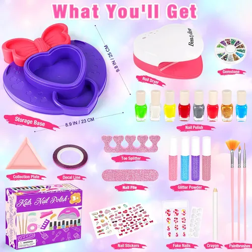 Miniatura 7 de Meaicezli Juego de esmaltes de uñas para niñas, kit de arte de uñas con secador de uñas, esmalte de uñas no tóxico para niños con purpurina y uñas