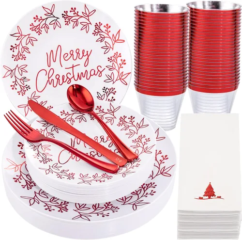Miniatura 11 de Hioasis 175 piezas de platos de plástico para Navidad - Platos desechables de plástico azul y plateado incluyen 25 platos para cenar, 25 platos
