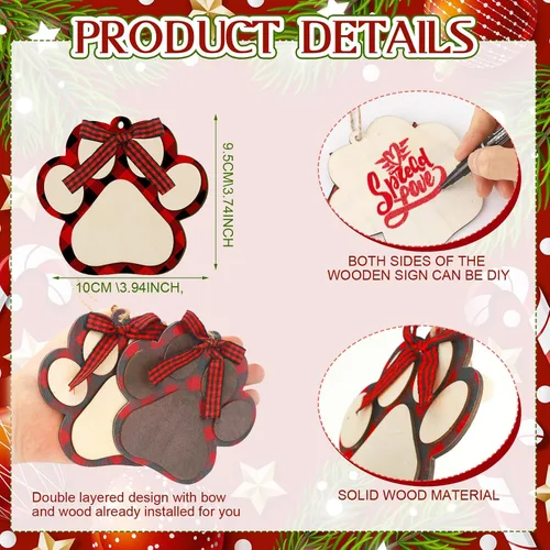 Miniatura 2 de 12 adornos navideños para perro, árbol de Navidad, adornos de pata de perro, lindos recortes de madera de 2 capas de impresión de patas, decoración