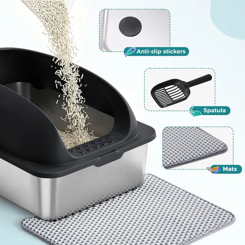 Miniatura 6 de OLIXIS Caja de arena para gatos de acero inoxidable con tapa, caja de arena grande para gatos grandes, lados de pared alta, antifugas de orina