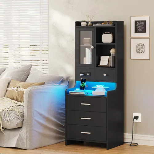 Miniatura 7 de ADORNEVE Mesita de noche alta con estación de carga y luces LED, mesita de noche de 49.2 pulgadas con estantería, mesita de noche negra con cajones