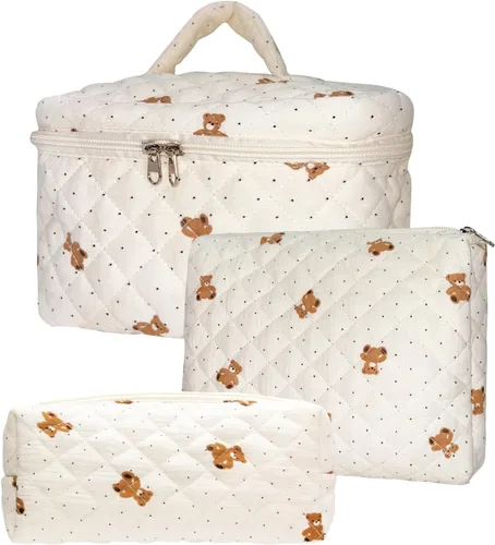 Miniatura 8 de Juego de 3 bolsas de maquillaje acolchadas de algodón, bolsa de cosméticos de algodón floral, bolsa organizadora de viaje para mujeres y niñas (oso)
