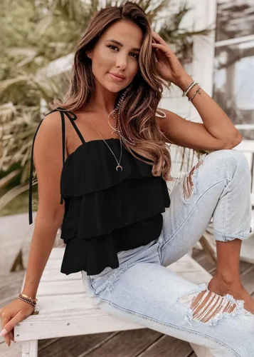 Miniatura 6 de KIRUNDO Blusa tipo babydoll con volantes y tirantes delgados para mujer, para verano, en capas, para playa, moda, vacaciones, crucero