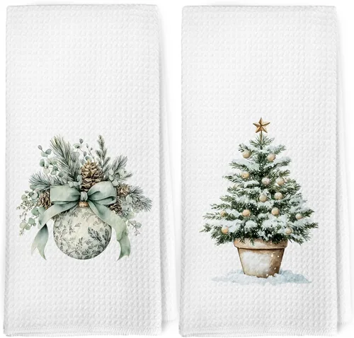 Dibor Juego de 2 Paños de Cocina Decorativos con Árbol de Navidad Verde, Paños de Cocina de Decoración Navideña Preppy, Paño Decorativo de Pino