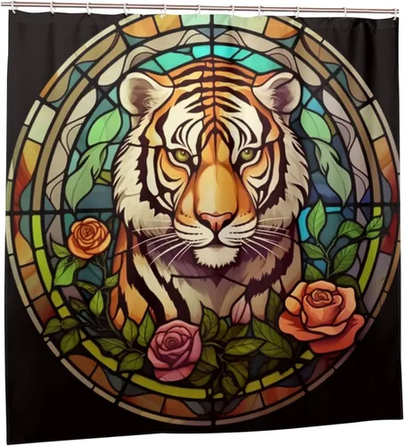 Miniatura 7 de YLATY4067 - Cortina de ducha de tigre para baño, diseño de hojas de flores, arte de vidrio, bohemio, tela abstracta, moderna, impermeable