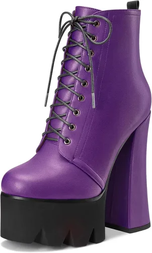 Miniatura 11 de HDEUOLM Botas de tobillo con tacón alto de bloque grueso para mujer, puntera redonda, botines cortos con cordones y cremallera, zapatos clásicos