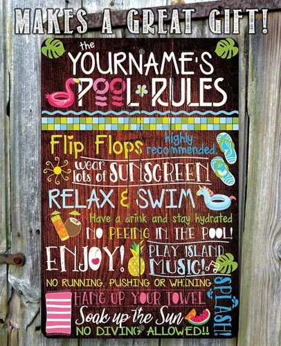 Miniatura 8 de Letreros personalizados de reglas de la piscina, letreros de metal para decoración de piscina exterior divertida - Arte de pared para decoración