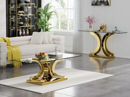 Miniatura 115 de Mesa de centro de cristal de lujo, mesa de centro de sofá de 47 pulgadas con marco de acero inoxidable dorado y parte superior de vidrio negro, mesa